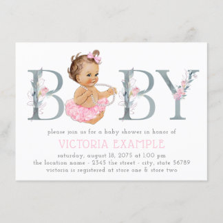 Pink Grey Tutu Pearl Baby Girl Shower Invitations