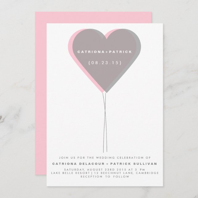 Pink & Grey Twin Hearts Balloon Wedding Invitation (Front/Back)