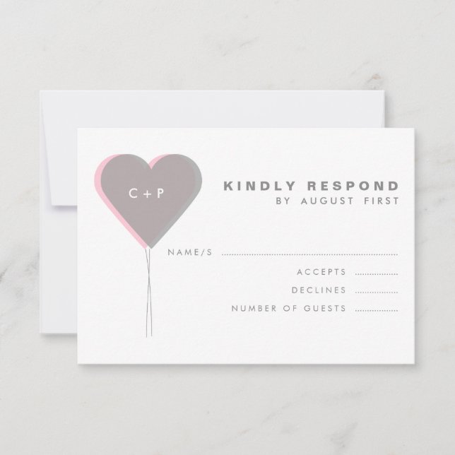 Pink & Grey Twin Hearts Balloons RSVP Card (Front)