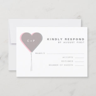 Pink & Grey Twin Hearts Balloons RSVP Card