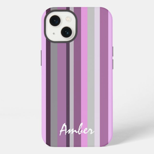 Pink Grey Vertical Striped Personalized iPhone Case (Back)