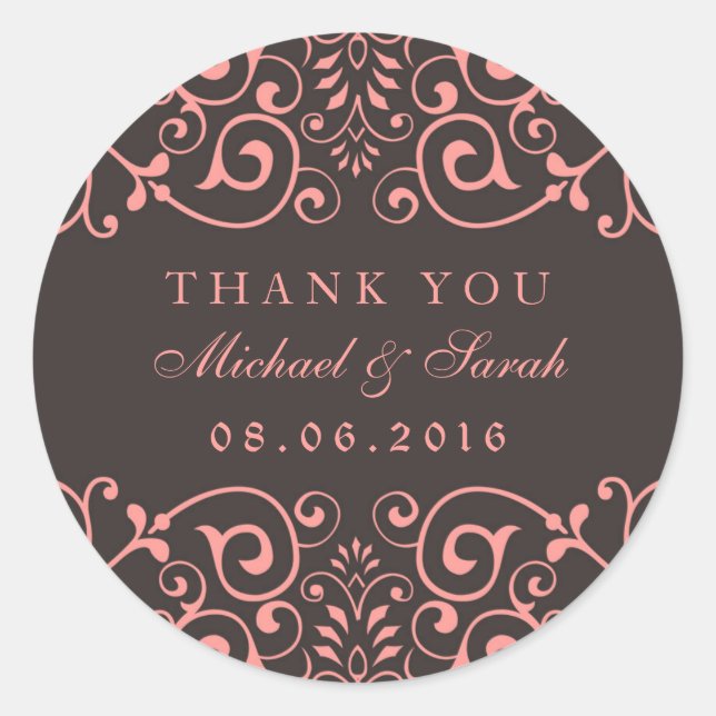 Pink Grey Victorian Floral Thank You Sticker (Front)