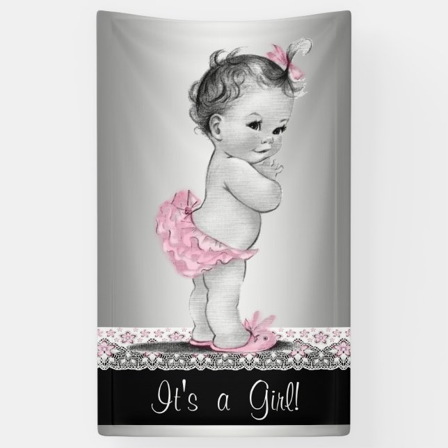 Pink Grey Vintage Baby Shower Banner (Vertical)
