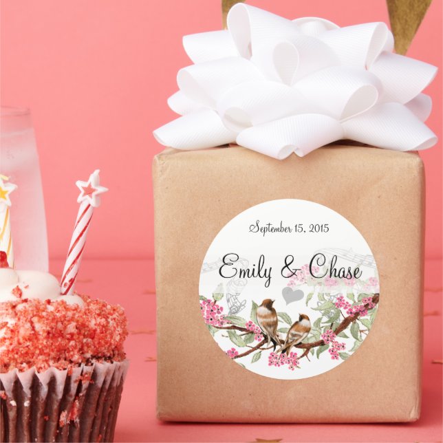 Pink & Grey Vintage Love Birds Wedding Stickers (Party)