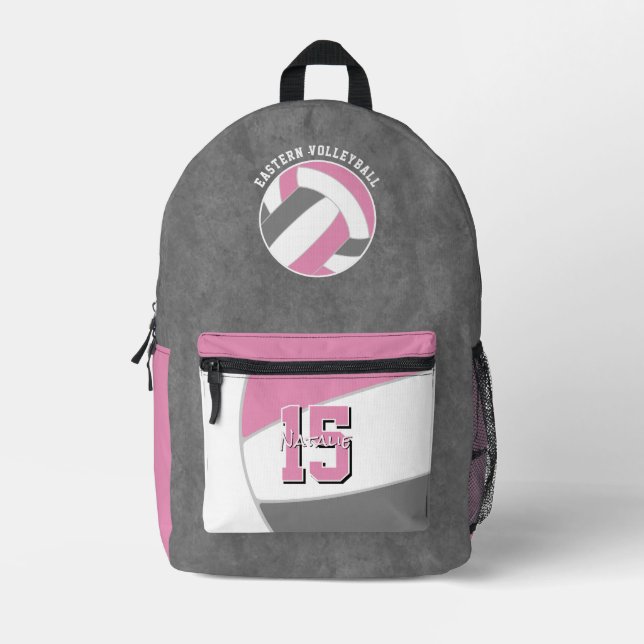 pink grey volleyball team colours team name printed backpack (Front)