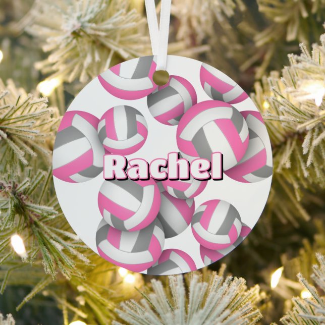 pink grey volleyballs w athlete name keepsake metal ornament (Insitu)