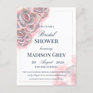 Pink & Grey Watercolor Succulents Bridal Shower Invitation Postcard