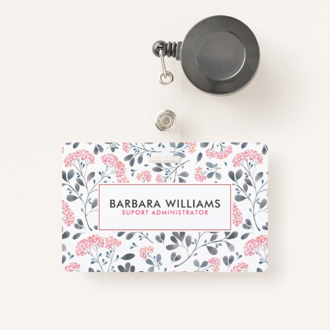 Pink & Grey Watercolors Flowers Pattern Badge (Front with Retractable)