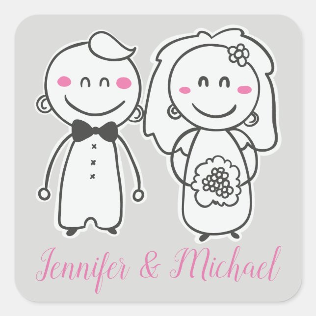 Pink & Grey Wedding  Bride And Groom, Engagement Square Sticker (Front)