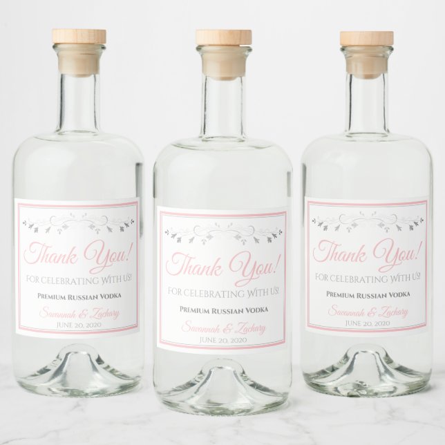 Pink & Grey Wedding Liquor Bottle Label Thank You (Bottles)