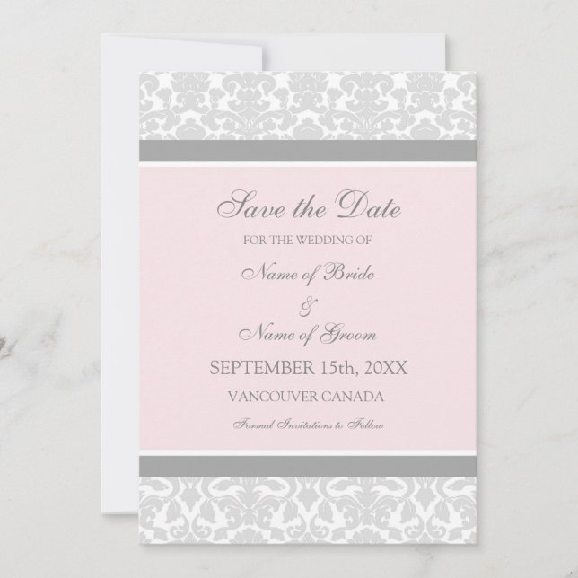 Pink Grey Wedding Save the Date Card (Front)