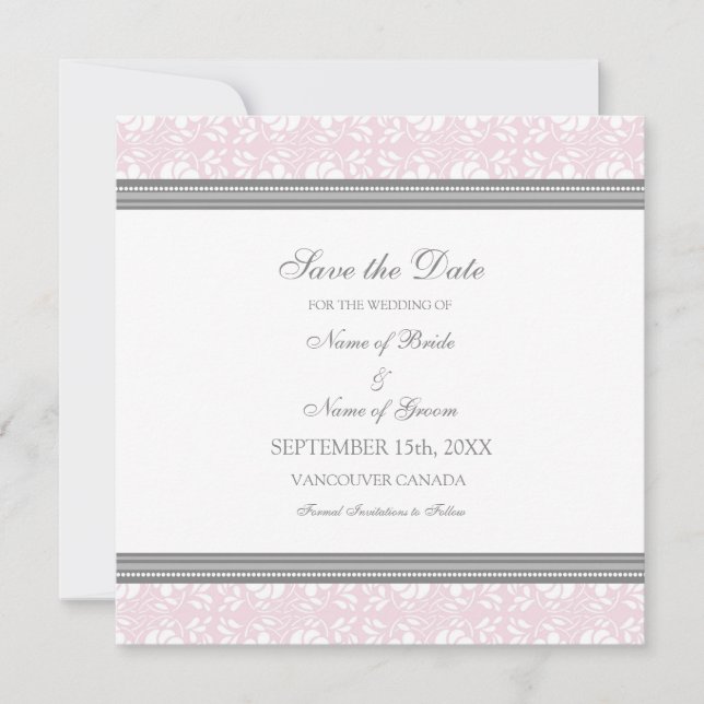 Pink Grey Wedding Save the Date Card (Front)
