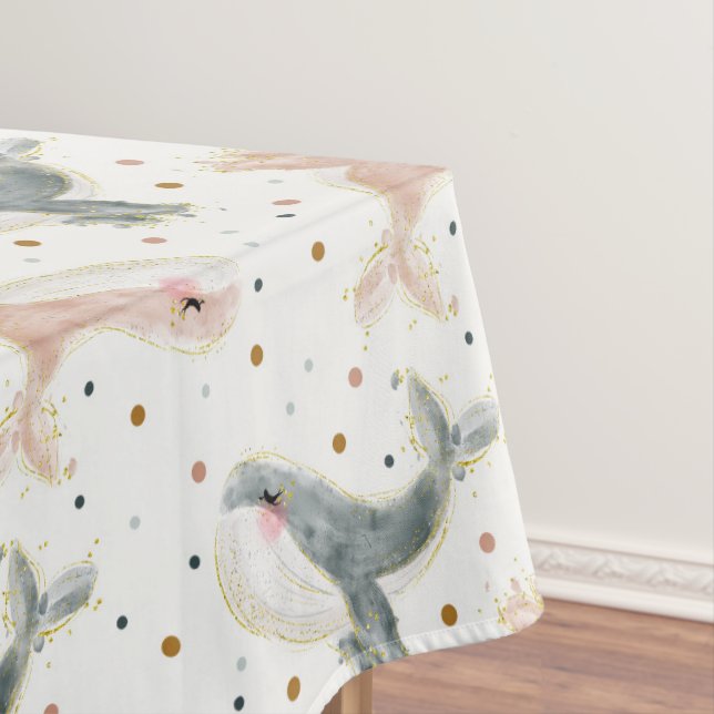 Pink Grey Whale Polka Dots Baby Shower Birthday Tablecloth (In Situ)
