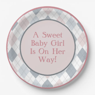 Pink Grey White Argyle Patterned  Paper Plate