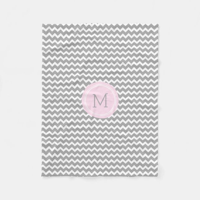 Pink Grey White Chevron Pattern Monogram Blanket (Front)