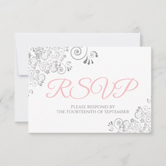 Pink Grey & White Elegant Silver Lace Wedding RSVP Card (Front)