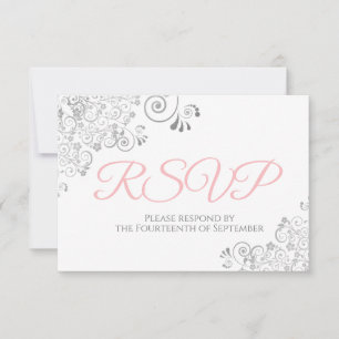 Pink Grey & White Elegant Silver Lace Wedding RSVP Card
