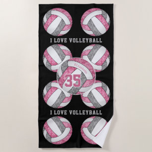 pink grey white girls love volleyball personalized beach towel