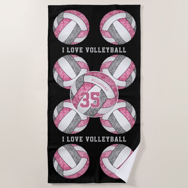 pink grey white girls love volleyball personalized beach towel (Front)