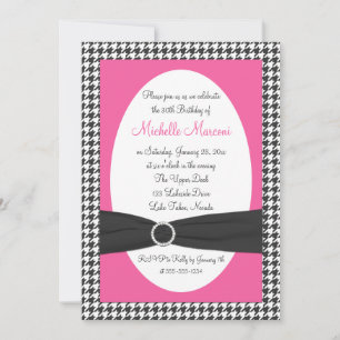 Pink, Grey, White Houndstooth 30th Birthday Invite