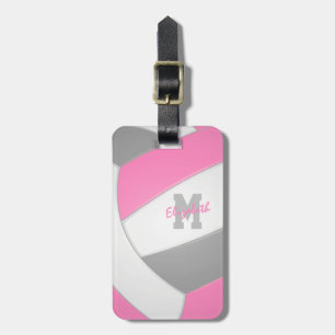 Pink grey white monogrammed volleyball luggage tag