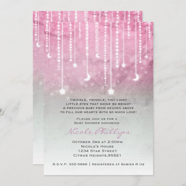 Pink Grey White Moon & Stars Celestial Baby Shower Invitation (Front/Back)
