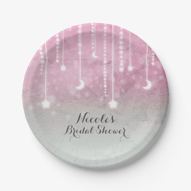 Pink Grey White Moon & Stars Celestial Baby Shower Paper Plate (Front)