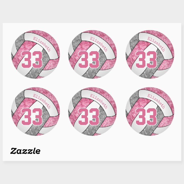 pink grey white personalized girls volleyball classic round sticker (Sheet)