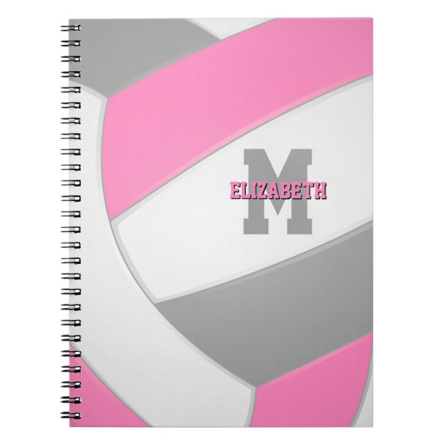 pink grey white personalized girly volleyball notebook (Front)