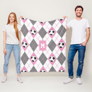 pink grey white soccer argyle pattern fleece blanket