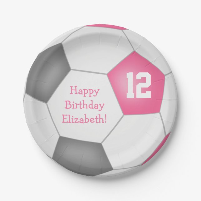 pink grey white soccer themed birthday party paper plate (Front)