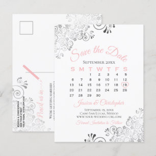 Pink, Grey & White Wedding Save the Date Calendar Announcement Postcard