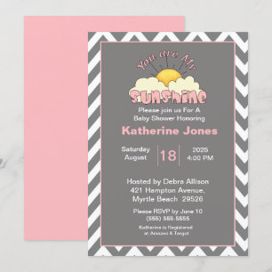 Pink Grey You Are My Sunshine Baby Shower Invitation