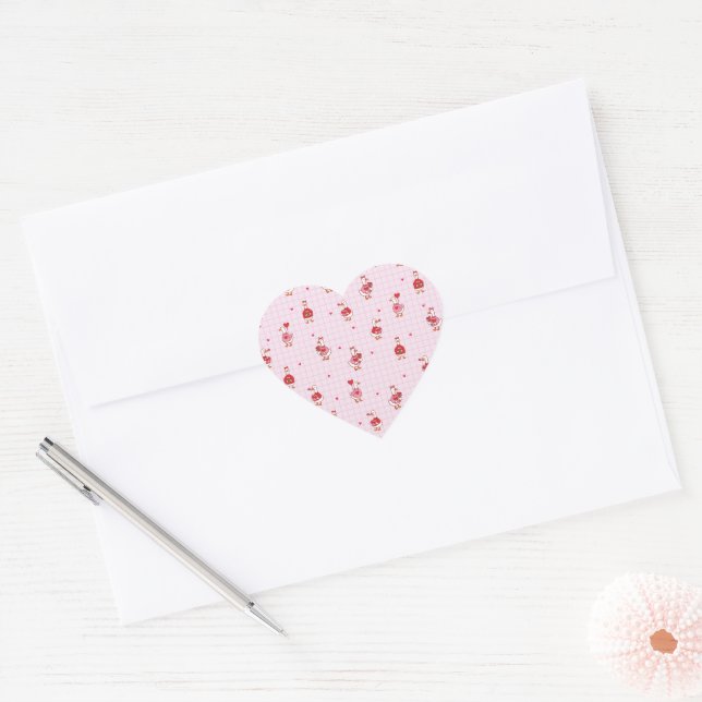 Pink Grid Cute Valentine Goose Pattern with Hearts Heart Sticker (Envelope)