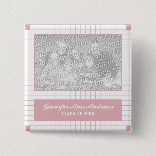 Pink Grid Photo 2 Inch Square Button (Front)