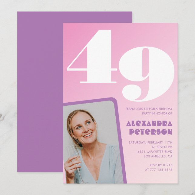 Pink Groovy 49th birthday invitations Retro Photo (Front/Back)