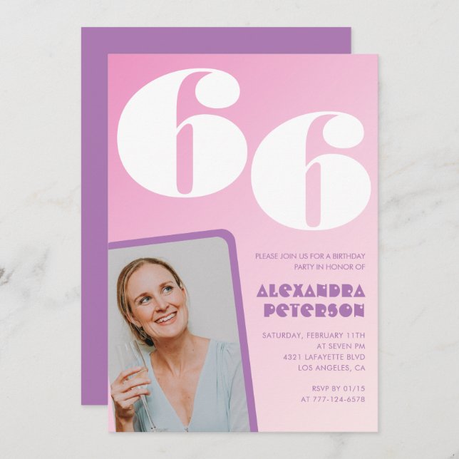 Pink Groovy 66th birthday invitations Retro Photo (Front/Back)
