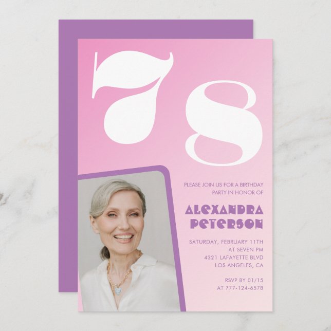 Pink Groovy 78th birthday invitations Retro Photo (Front/Back)