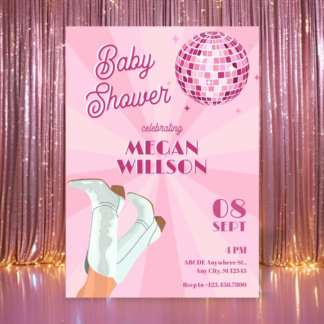 Pink groovy boots disco ball baby shower invitation (Creator Uploaded)