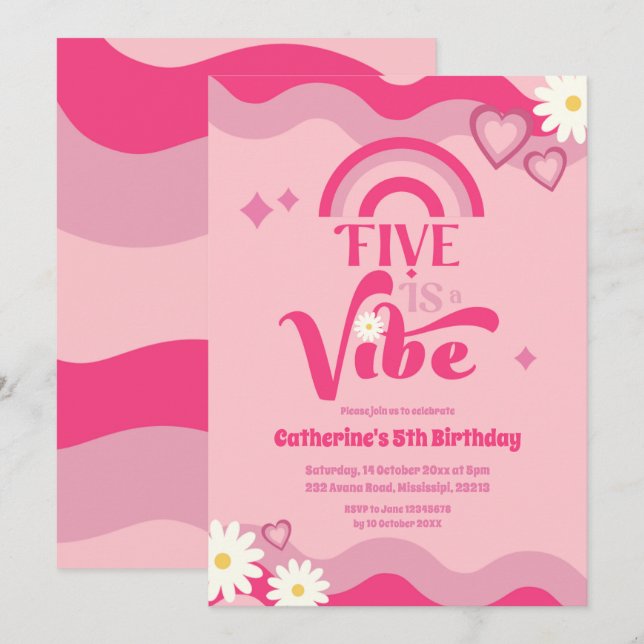 Pink Groovy Five is Vibe Birthday Invitation (Front/Back)