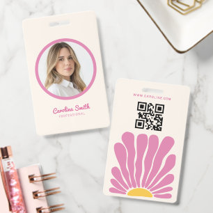 pink Groovy flower retro boho business  Badge