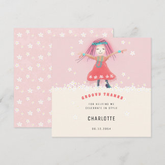 Pink Groovy Girl Boho Cute Floral Birthday Party Thank You Card