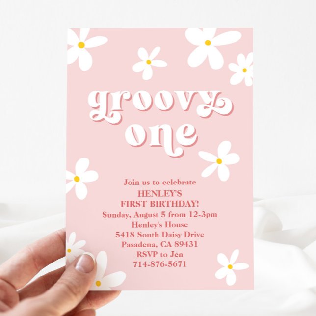 Pink Groovy One First Birthday Retro Daisy Invitation (Creator Uploaded)