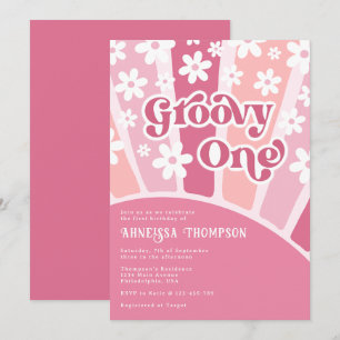 Pink Groovy One Retro Flowers Girls Birthday Invitation