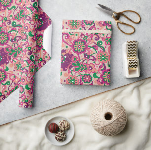 Pink Groovy Psychedelic 60s 70s Floral Birthday Wrapping Paper