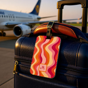 Pink Groovy Retro Waves Monogram Personalized Luggage Tag