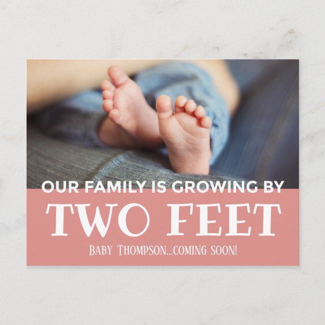 Pink Growing by Two Feet Stripes Adoption New Baby Announcement Postcard (Front)