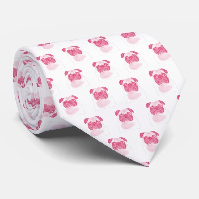 PINK Grumpy Pug Pattern Tie (Rolled)