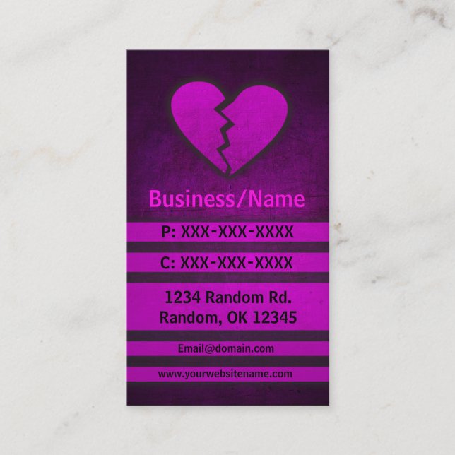 Pink grunge broken heart custom business cards (Front)