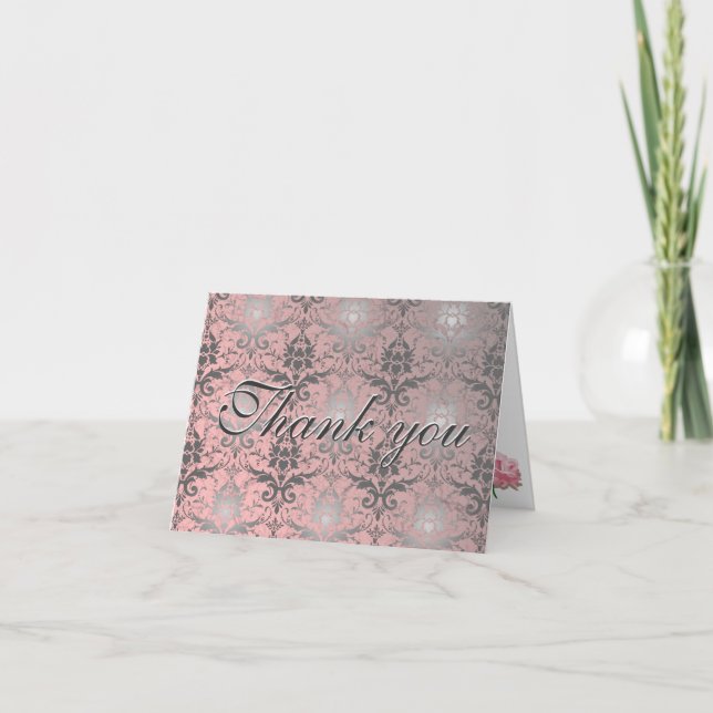 Pink Grunge Damask Thank You Note Card (Front)